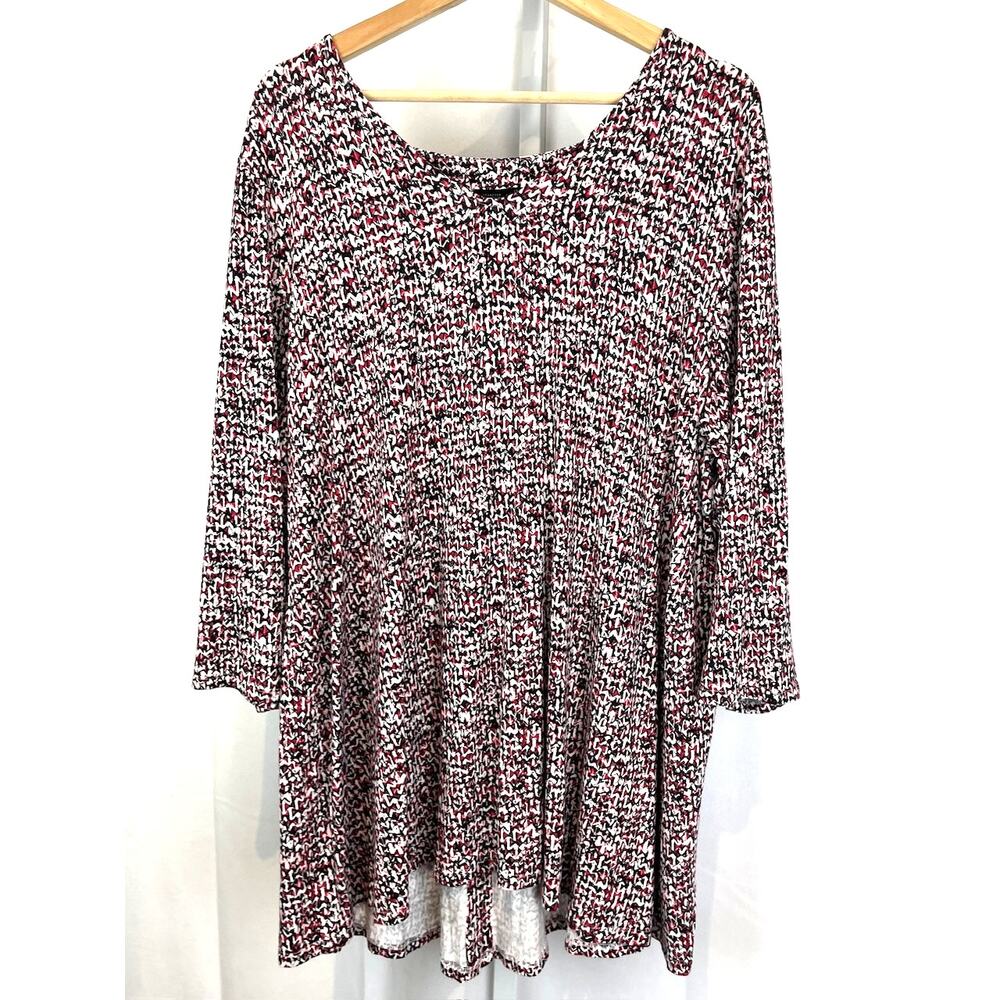 J. JILL XL  Wearever Printed Button Back Tunic Top 3/4 Sleeve V Neck Red Multi